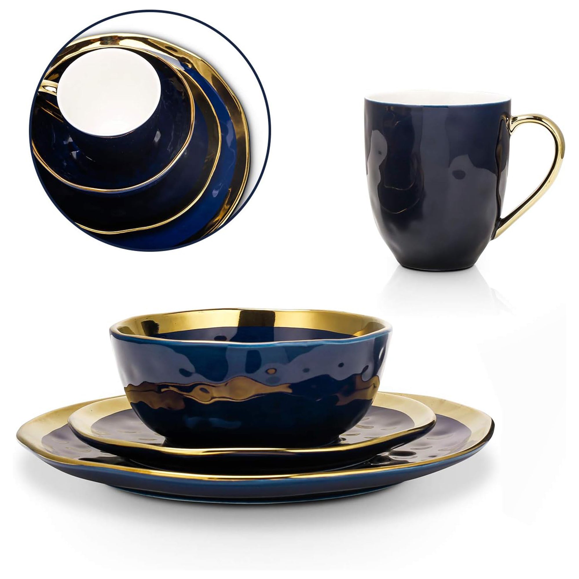 Stone Lain Florian Porcelain 16 Piece Dinnerware Set, Service for 4, Navy Blue - VMInnovations