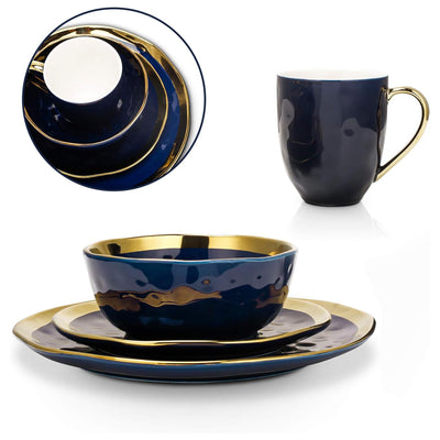 Stone Lain Florian Porcelain 16 Piece Dinnerware Set, Service for 4, Navy Blue - VMInnovations