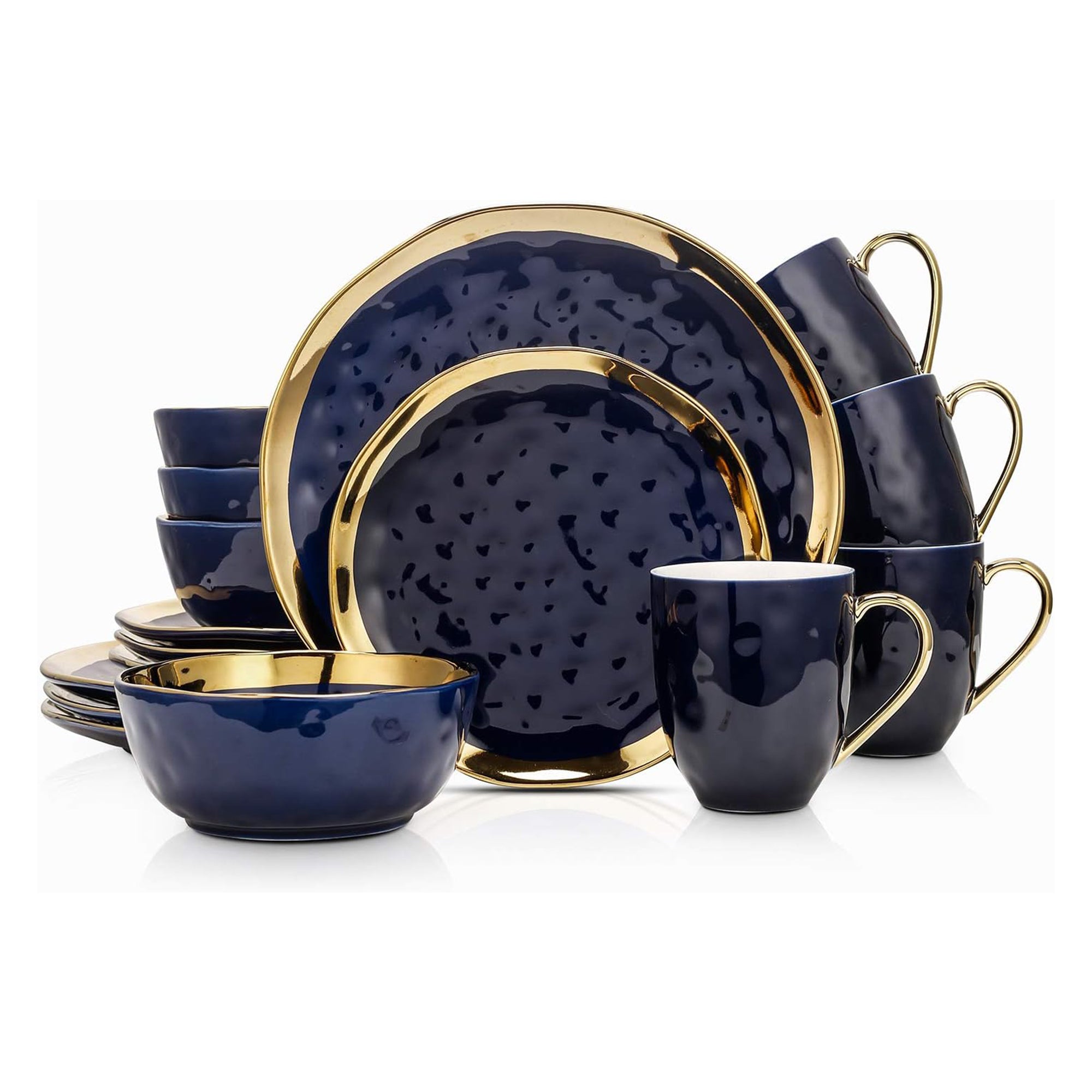 Stone Lain Florian Porcelain 16 Piece Dinnerware Set, Service for 4, Navy Blue - VMInnovations