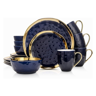 Stone Lain Florian Porcelain 16 Piece Dinnerware Set, Service for 4, Navy Blue - VMInnovations
