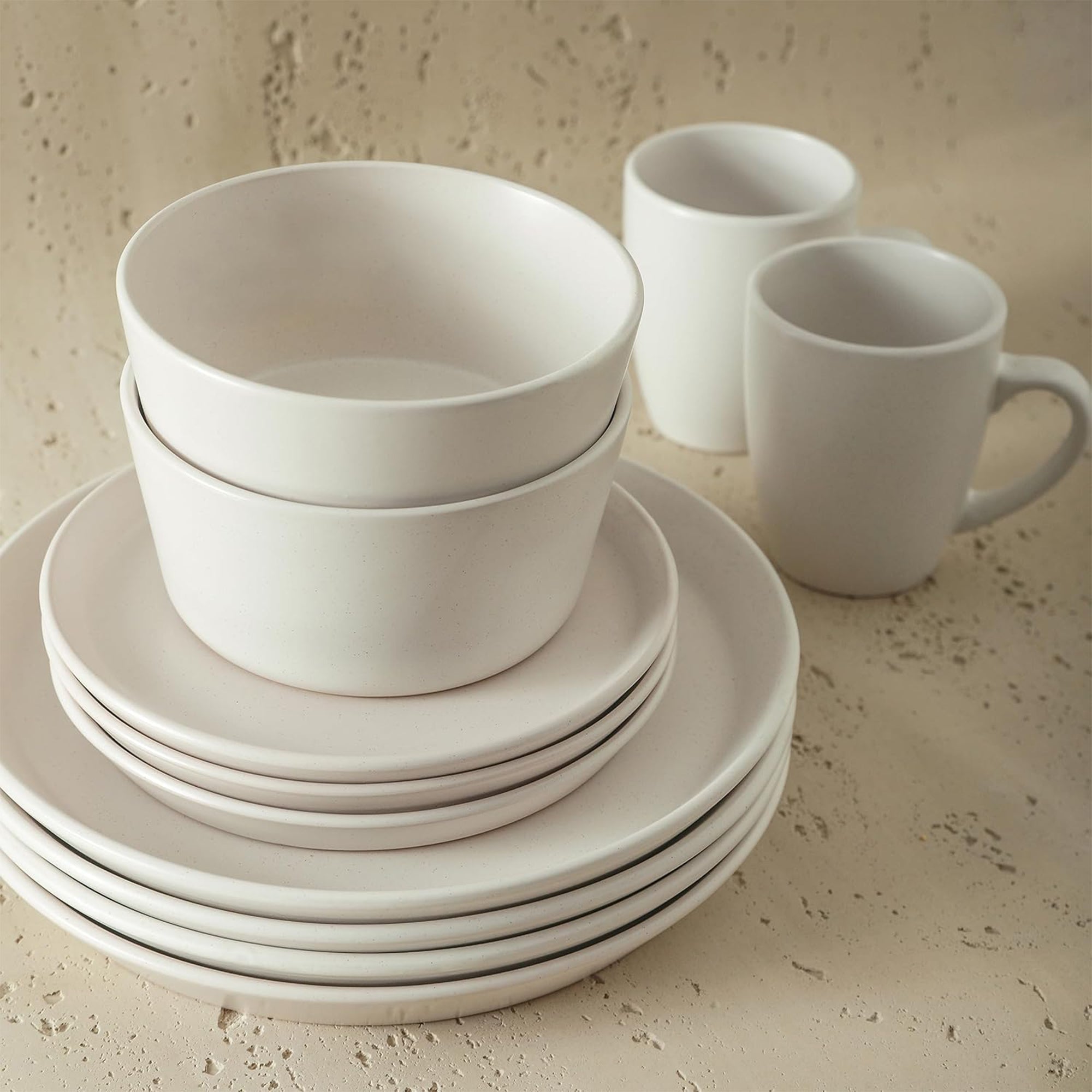 Stone Lain Albie Stoneware 16 Piece Dinnerware Set, Service for 4, White Speckle - VMInnovations