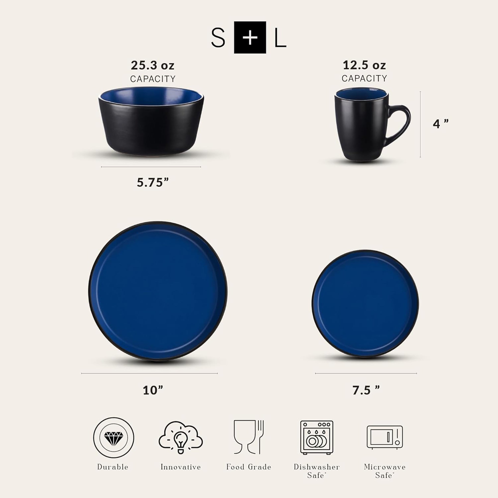 Stone Lain Albie Stoneware 32 Piece Dinnerware Set, Service for 8, Blue & Black - VMInnovations