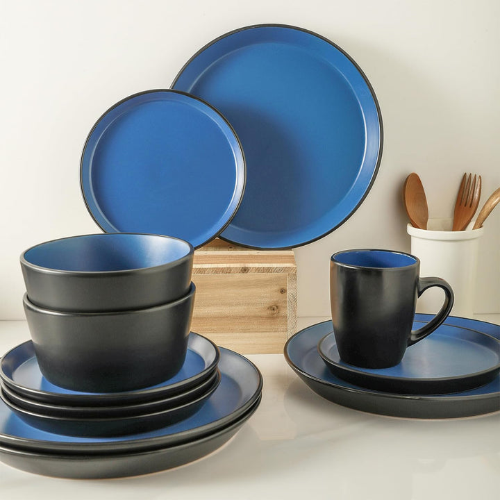 Stone Lain Albie Stoneware 32 Piece Dinnerware Set, Service for 8, Blue & Black