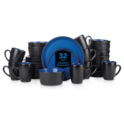 Stone Lain Albie Stoneware 32 Piece Dinnerware Set, Service for 8, Blue & Black - VMInnovations