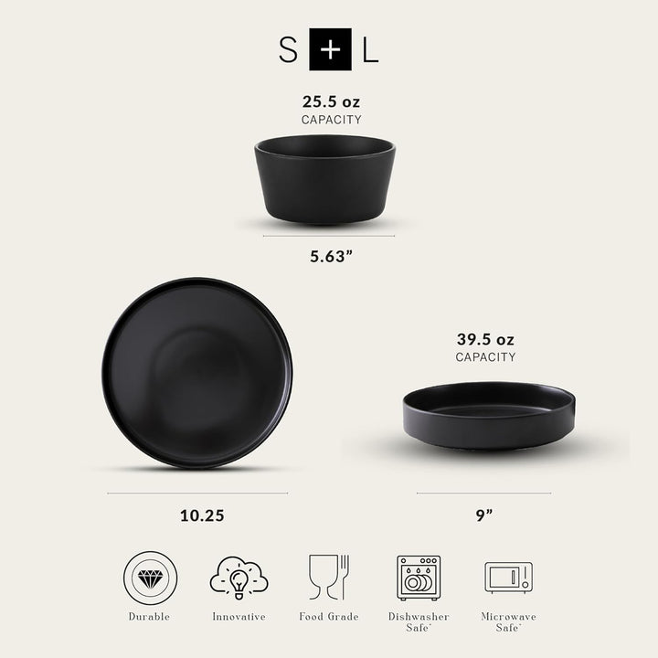 Stone Lain Celina Stoneware 12 Piece Dinnerware Set, Service for 4, Black Matte
