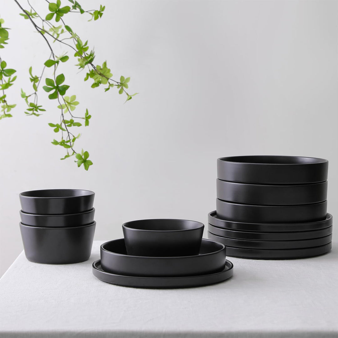 Stone Lain Celina Stoneware 12 Piece Dinnerware Set, Service for 4, Black Matte