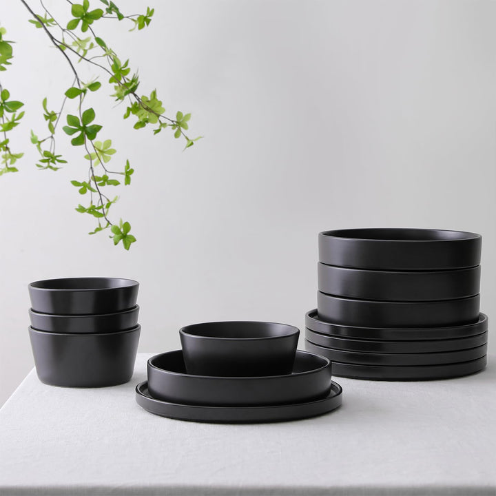 Stone Lain Celina Stoneware 12 Piece Dinnerware Set, Service for 4, Black Matte