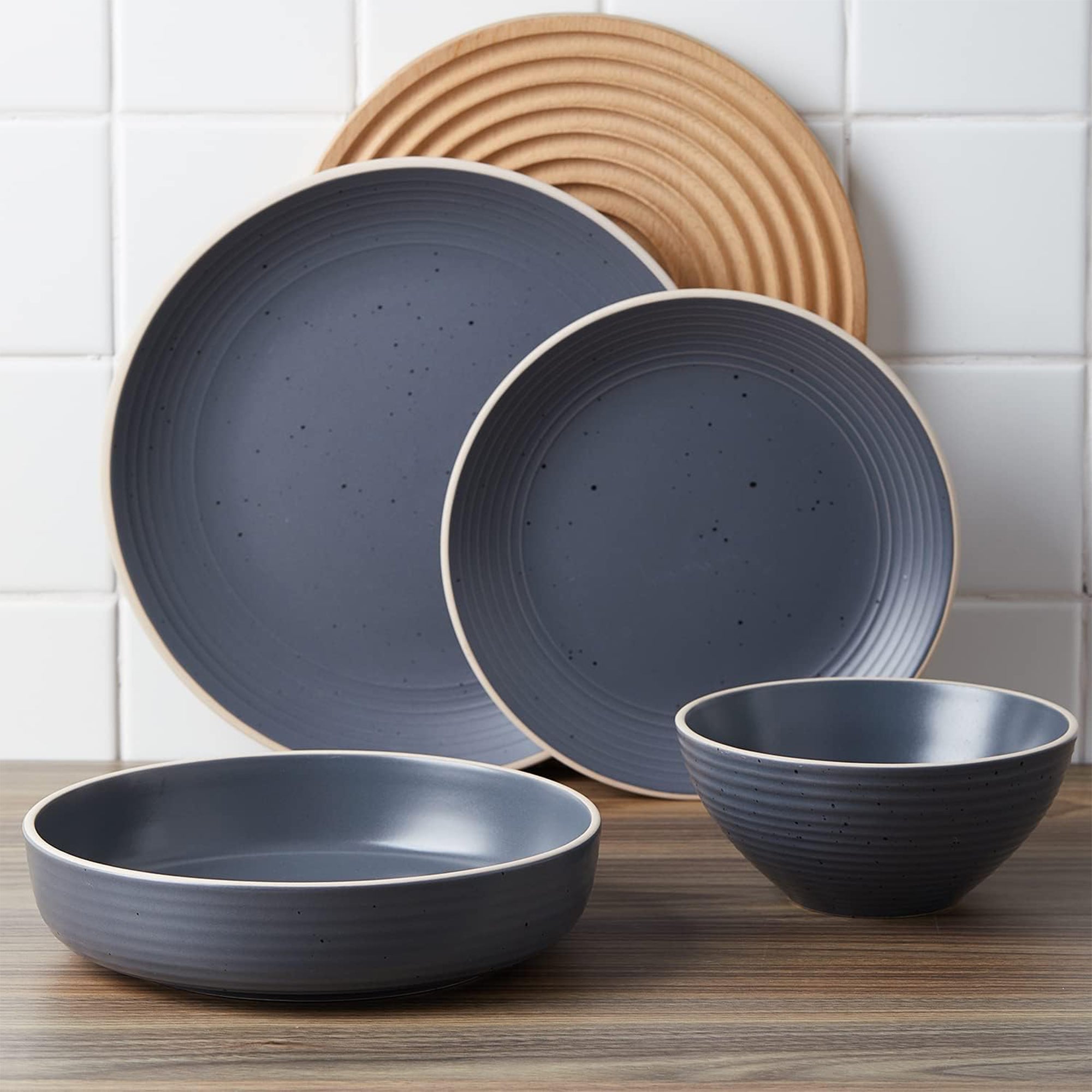 Stone Lain Lauren Modern Stoneware 16 Piece Dinnerware Set, Gray (Open Box) - VMInnovations