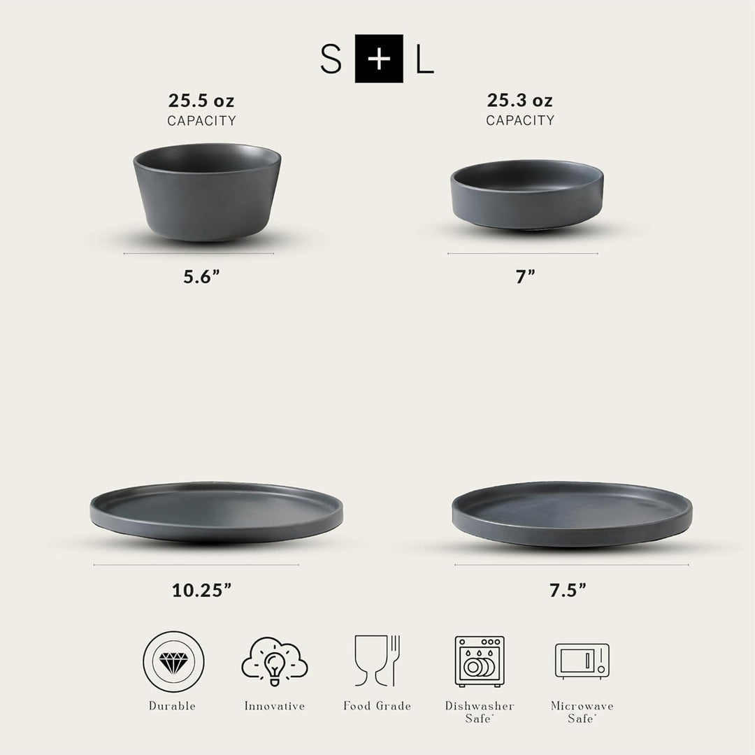 Stone Lain Celina Stoneware 16 Piece Dinnerware Set, Service for 4, Gray Matte