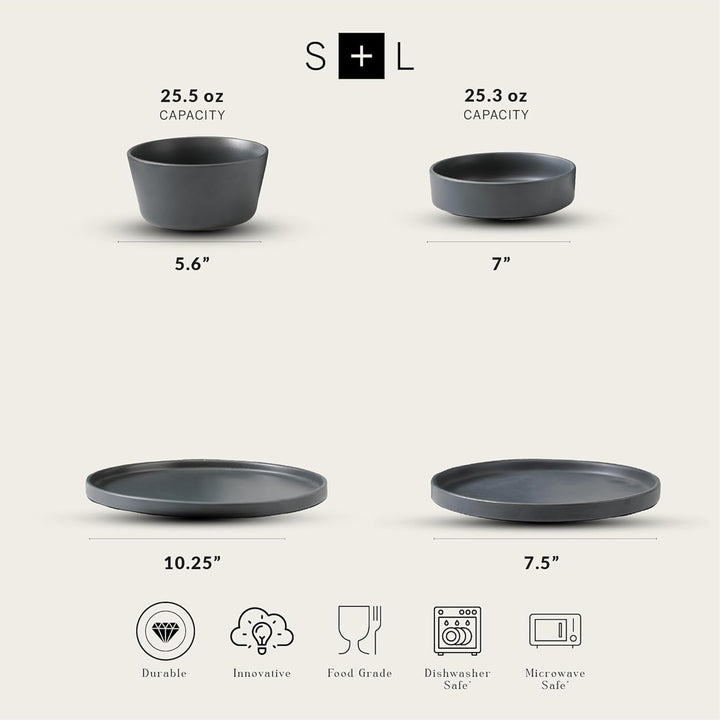 Stone Lain Celina Stoneware 16 Piece Dinnerware Set, Service for 4, Gray Matte