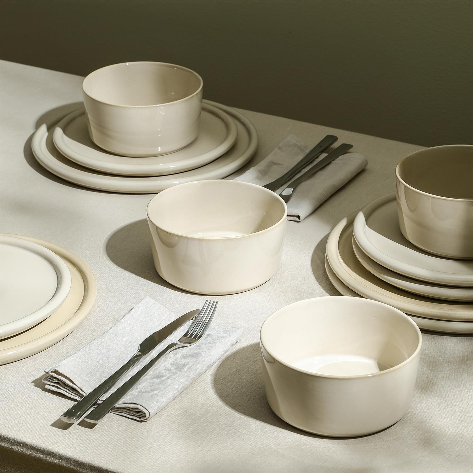 Stone Lain 12 Piece Modern Stoneware Dinnerware Set Plates, Bowls, Beige - VMInnovations