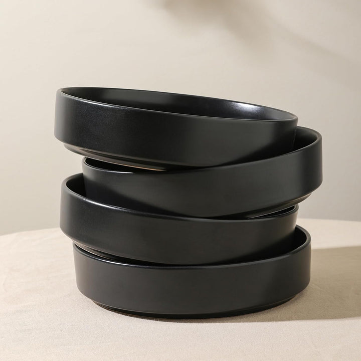 Stone Lain Celina Stoneware 4 Piece Pasta Bowl Set, Home Kitchen Utensils, Black