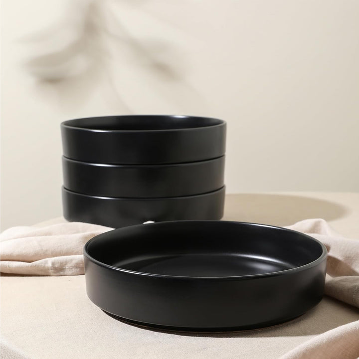 Stone Lain Celina Stoneware 4 Piece Pasta Bowl Set, Home Kitchen Utensils, Black