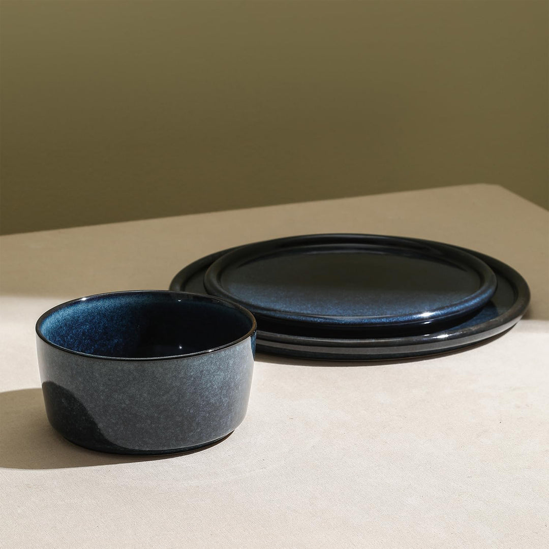 Stone Lain 12 Piece Modern Stoneware Dinnerware Set Plates, Bowls, Dark Blue