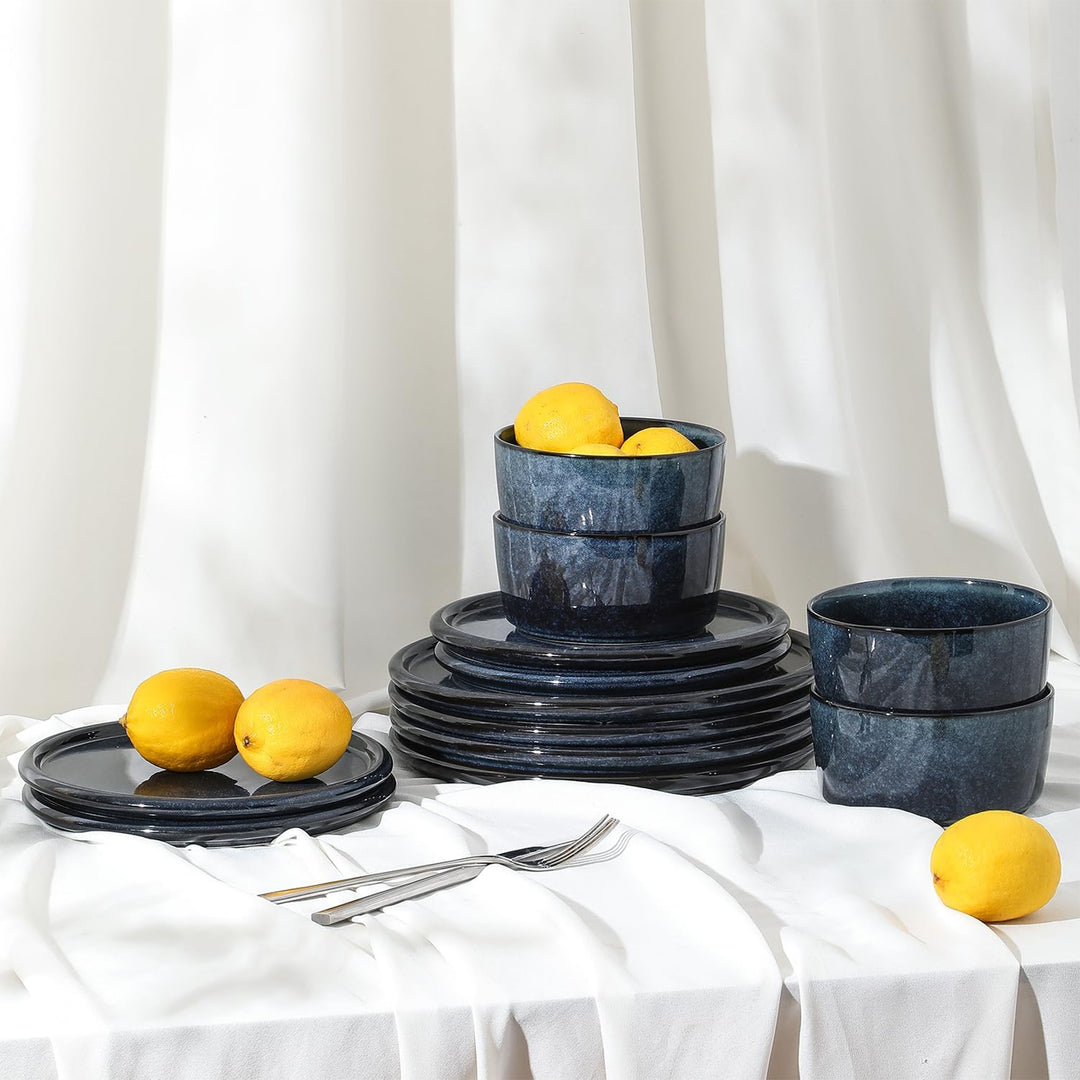 Stone Lain 12 Piece Modern Stoneware Dinnerware Set Plates, Bowls, Dark Blue