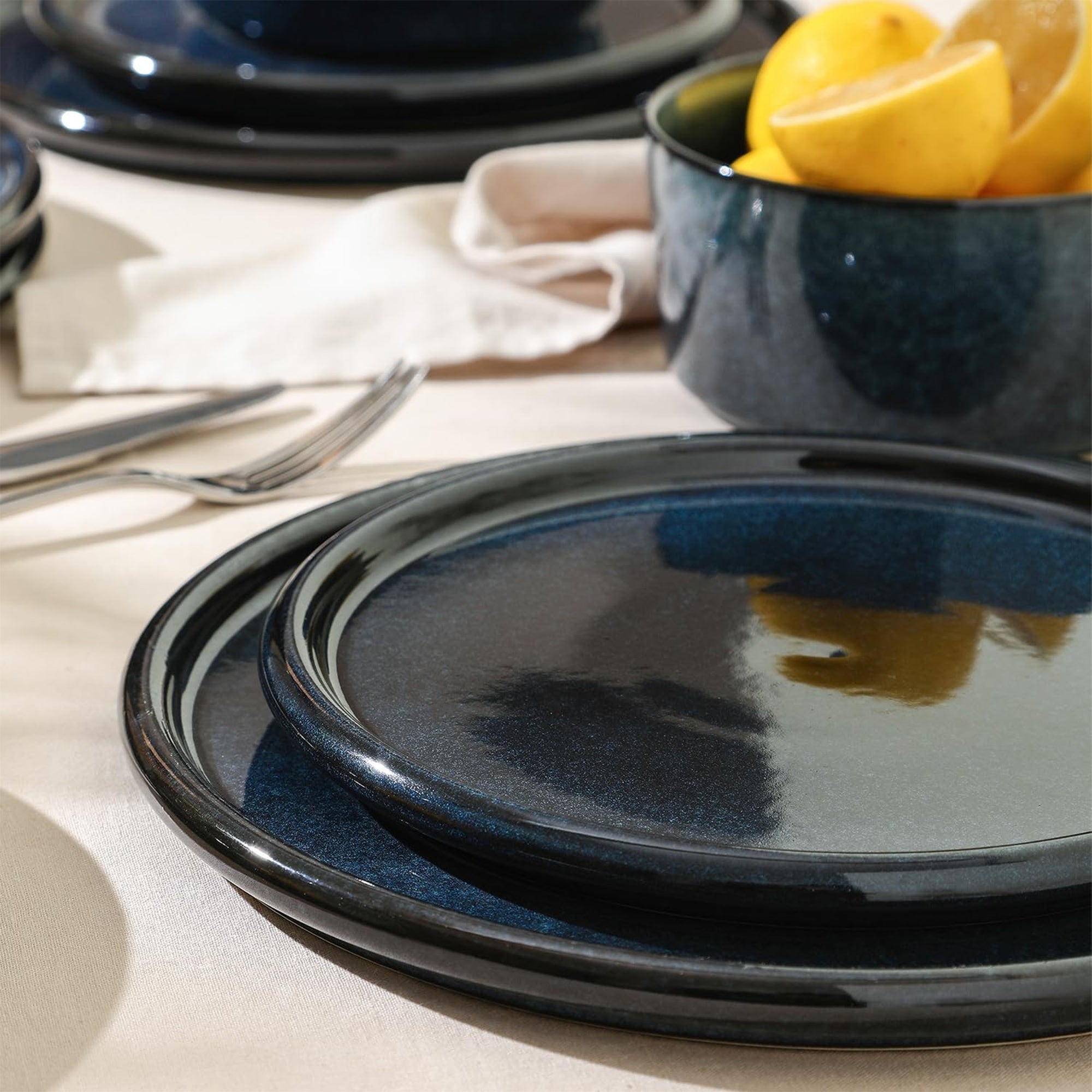 Stone Lain 12 Piece Modern Stoneware Dinnerware Set Plates, Bowls, Dark Blue - VMInnovations