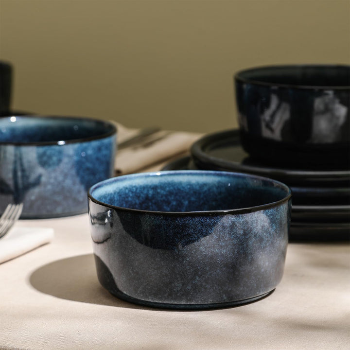 Stone Lain 12 Piece Modern Stoneware Dinnerware Set Plates, Bowls, Dark Blue