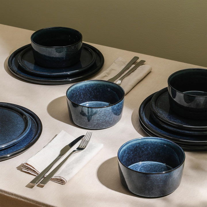 Stone Lain 12 Piece Modern Stoneware Dinnerware Set Plates, Bowls, Dark Blue