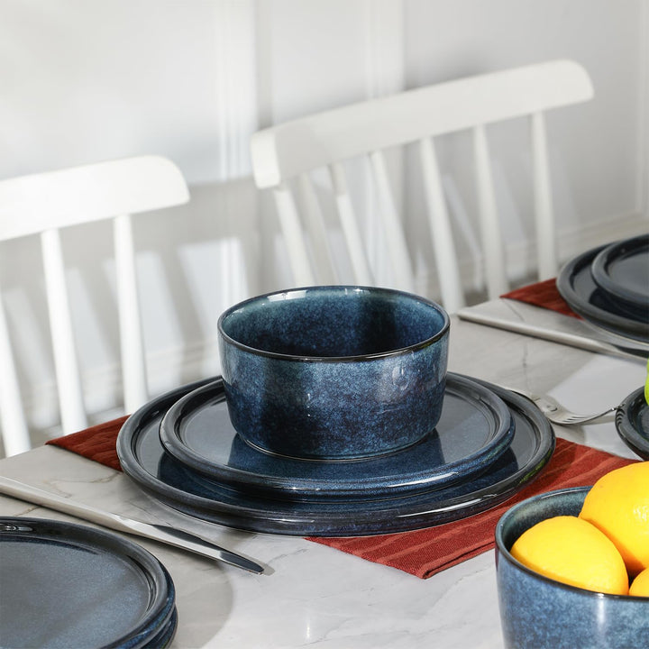 Stone Lain 12 Piece Modern Stoneware Dinnerware Set Plates, Bowls, Dark Blue