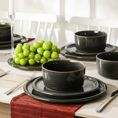 Stone Lain 12 Piece Modern Stoneware Dinnerware Set Plates, Bowls, Charcoal Grey - VMInnovations