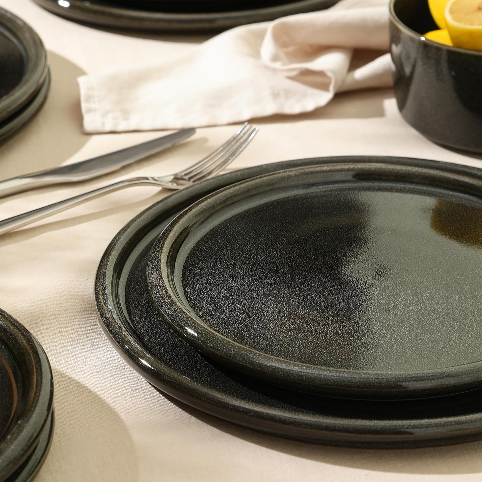 Stone Lain 12 Piece Modern Stoneware Dinnerware Set Plates, Bowls, Charcoal Grey - VMInnovations