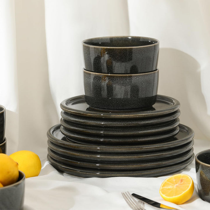 Stone Lain 12 Piece Modern Stoneware Dinnerware Set Plates, Bowls, Charcoal Grey