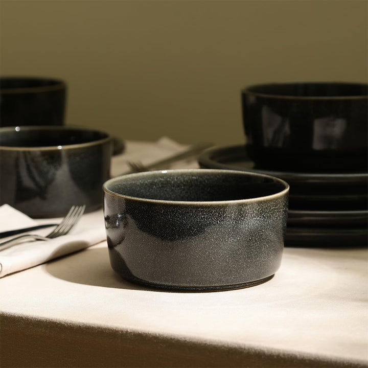 Stone Lain 12 Piece Modern Stoneware Dinnerware Set Plates, Bowls, Charcoal Grey