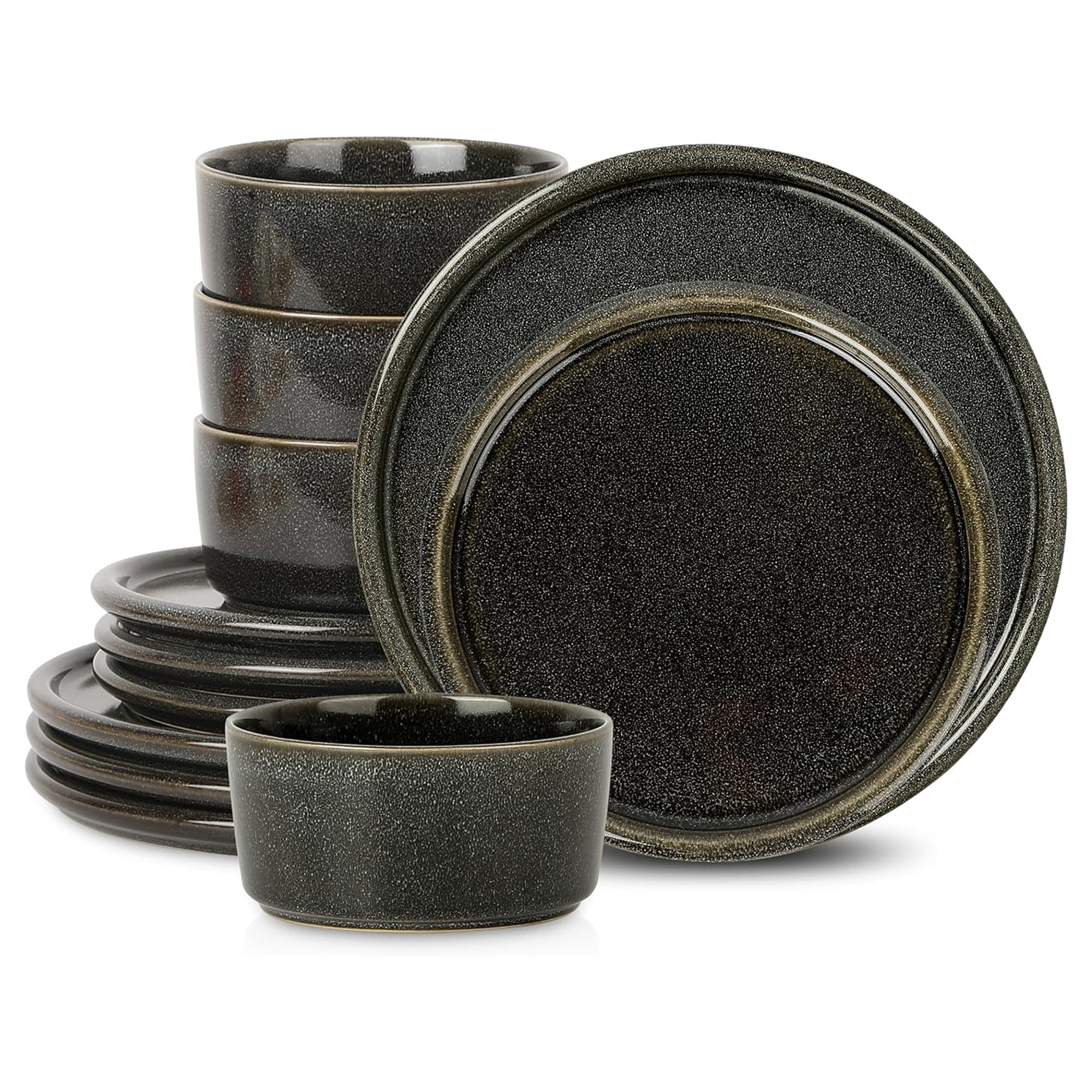 Stone Lain 12 Piece Modern Stoneware Dinnerware Set Plates, Bowls, Charcoal Grey - VMInnovations