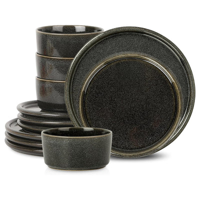 Stone Lain 12 Piece Modern Stoneware Dinnerware Set Plates, Bowls, Charcoal Grey - VMInnovations