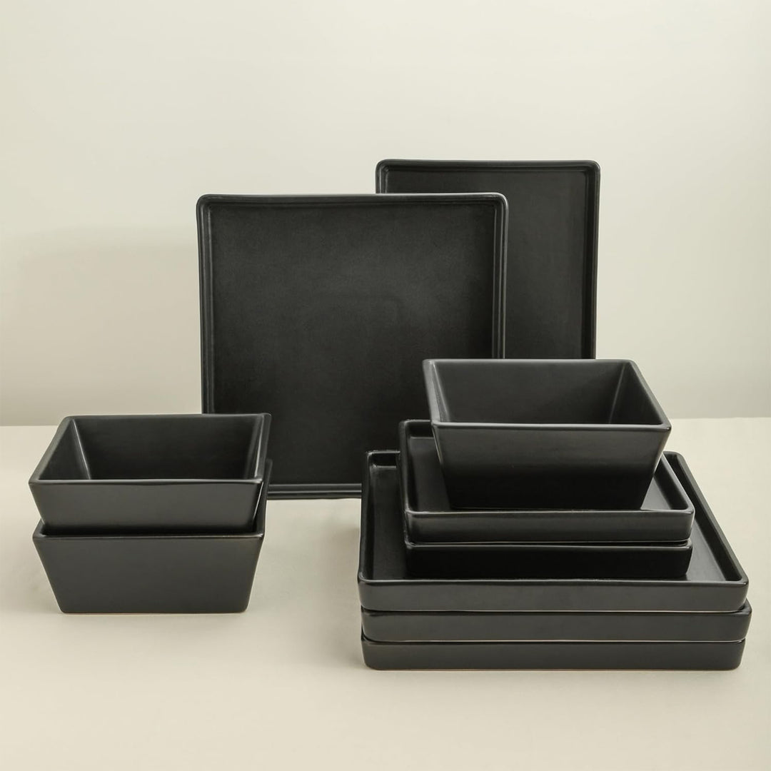 Stone Lain Grace Stoneware 12 Piece Dinnerware Set, Service for 4, Matte Black