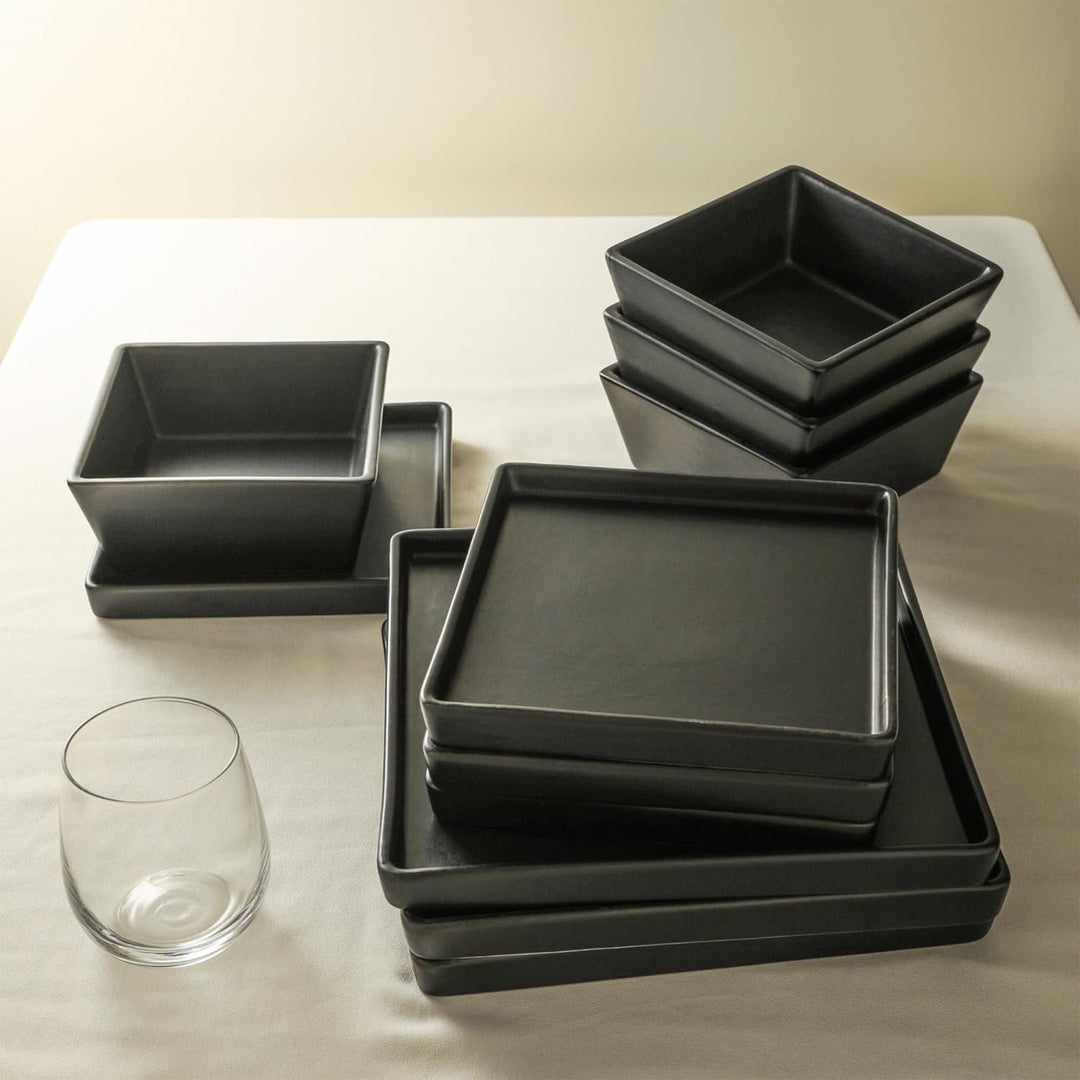 Stone Lain Grace Stoneware 12 Piece Dinnerware Set, Service for 4, Matte Black