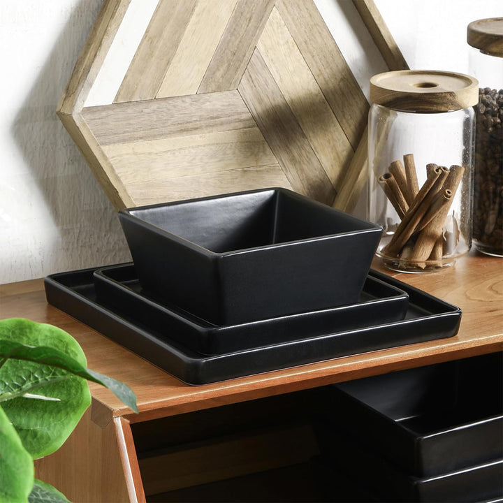 Stone Lain Grace Stoneware 12 Piece Dinnerware Set, Service for 4, Matte Black