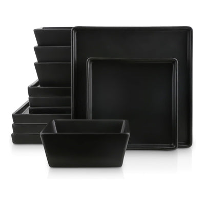Stone Lain Grace Stoneware 12 Piece Dinnerware Set, Service for 4, Matte Black - VMInnovations
