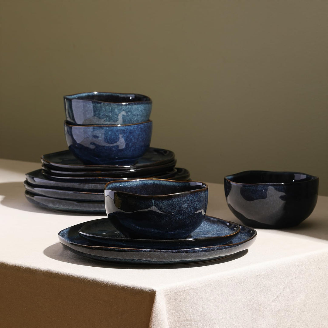 Stone Lain Mirella Stoneware 12 Piece Dinnerware Set, Service for 4, Deep Blue