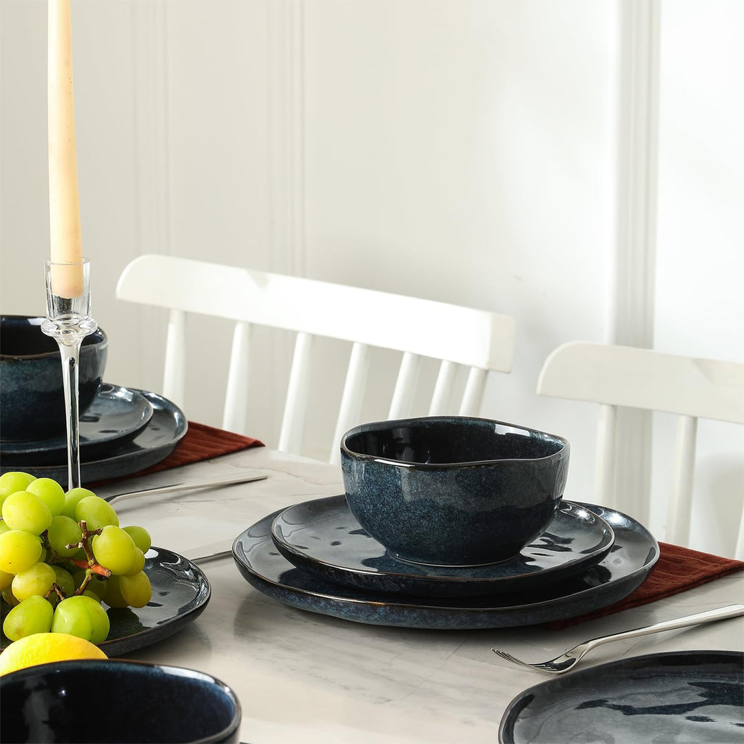 Stone Lain Mirella Stoneware 12 Piece Dinnerware Set, Service for 4, Deep Blue