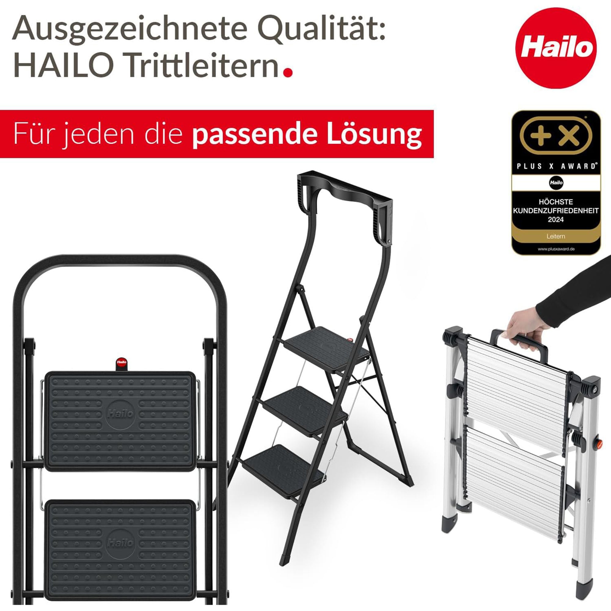 Hailo Folding 2 Step Non-Slip Stool for Home and Kitchen, MK80, Silver/Black - VMInnovations