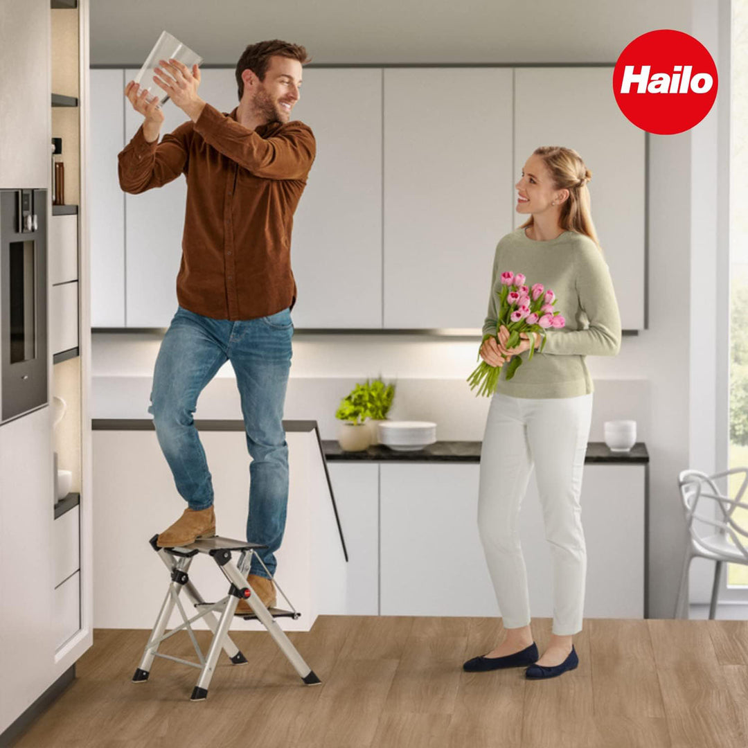 Hailo Folding 2 Step Non-Slip Stool for Home and Kitchen, MK80, Silver(Open Box) - VMInnovations