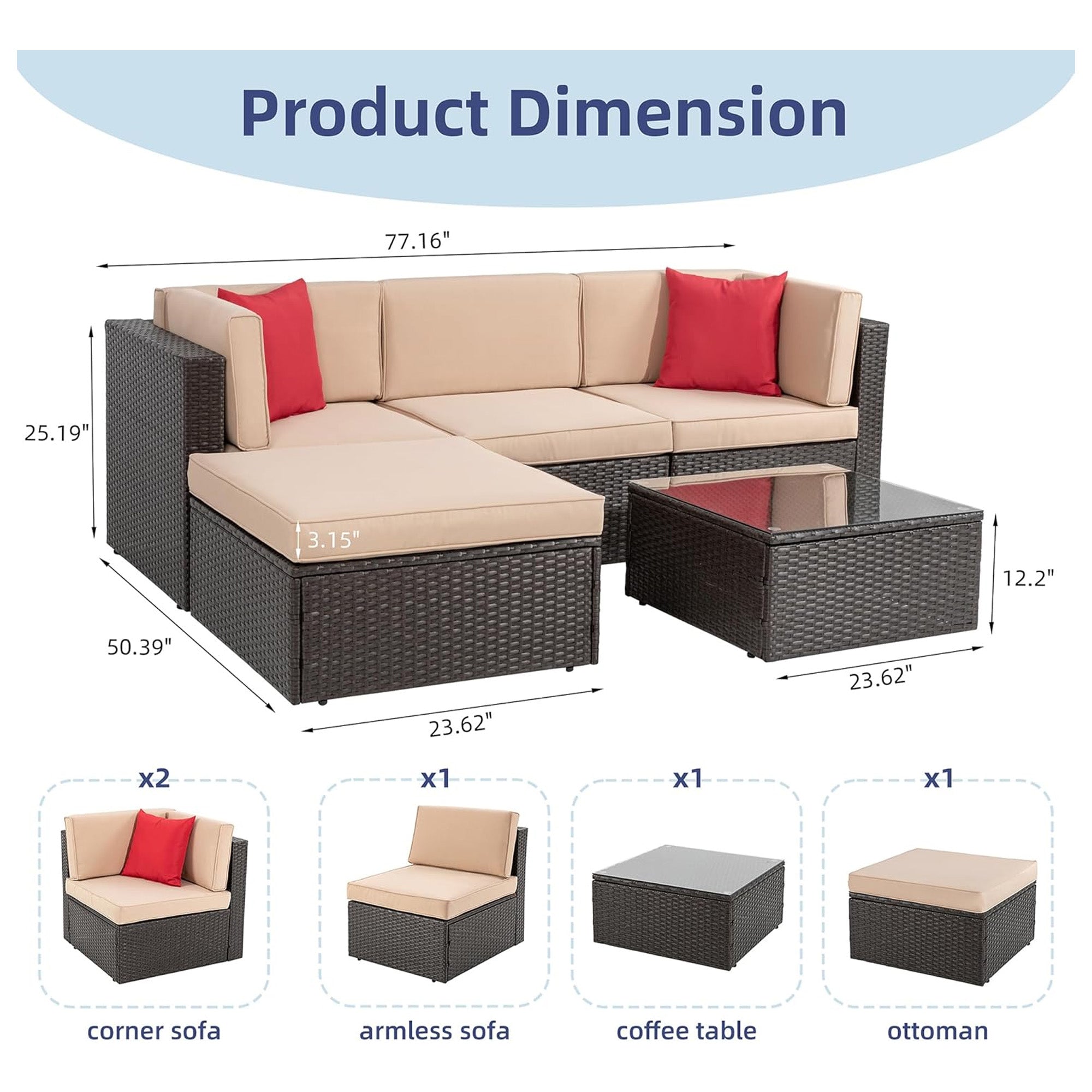 Vongrasig 5pc Patio Set, Outdoor Sofa w/Ottoman & Table, Beige(For Parts) - VMInnovations