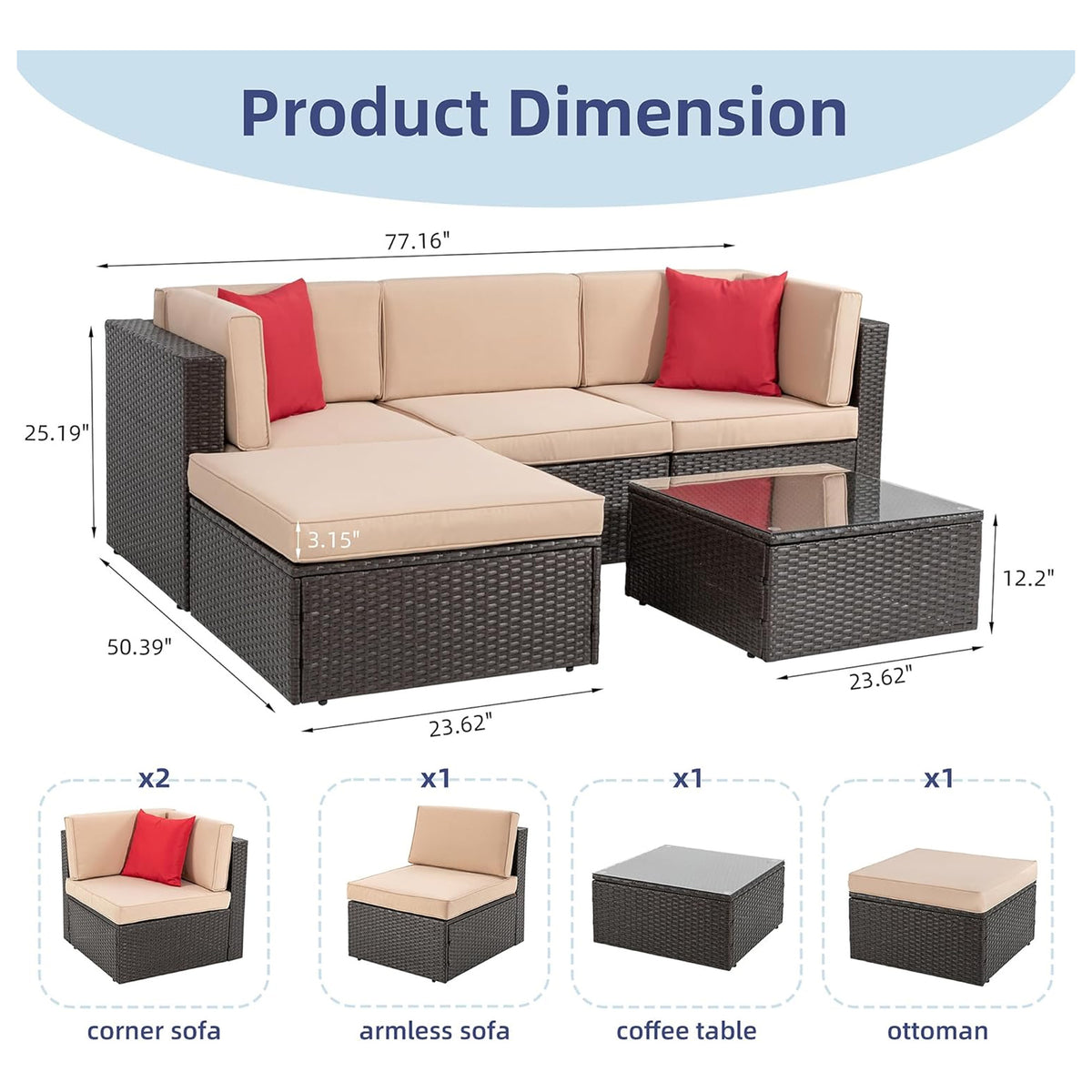 Vongrasig 5pc Patio Set, Outdoor Sofa w/Ottoman & Table, Beige(For Parts) - VMInnovations