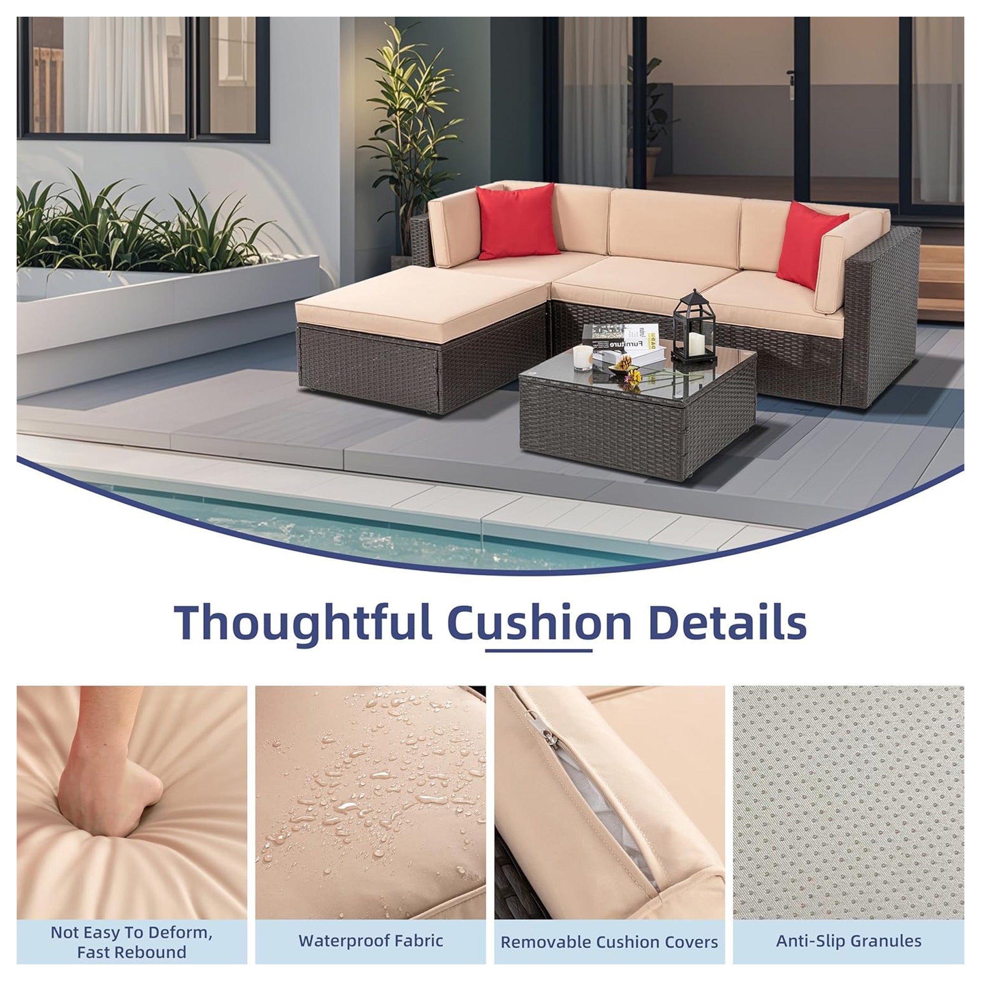 Vongrasig 5pc Patio Set, Outdoor Sofa w/Ottoman & Table, Beige(For Parts) - VMInnovations