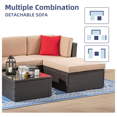 Vongrasig 5pc Patio Furniture Set, Outdoor Sofa w/Ottoman & Table, Beige(Used)