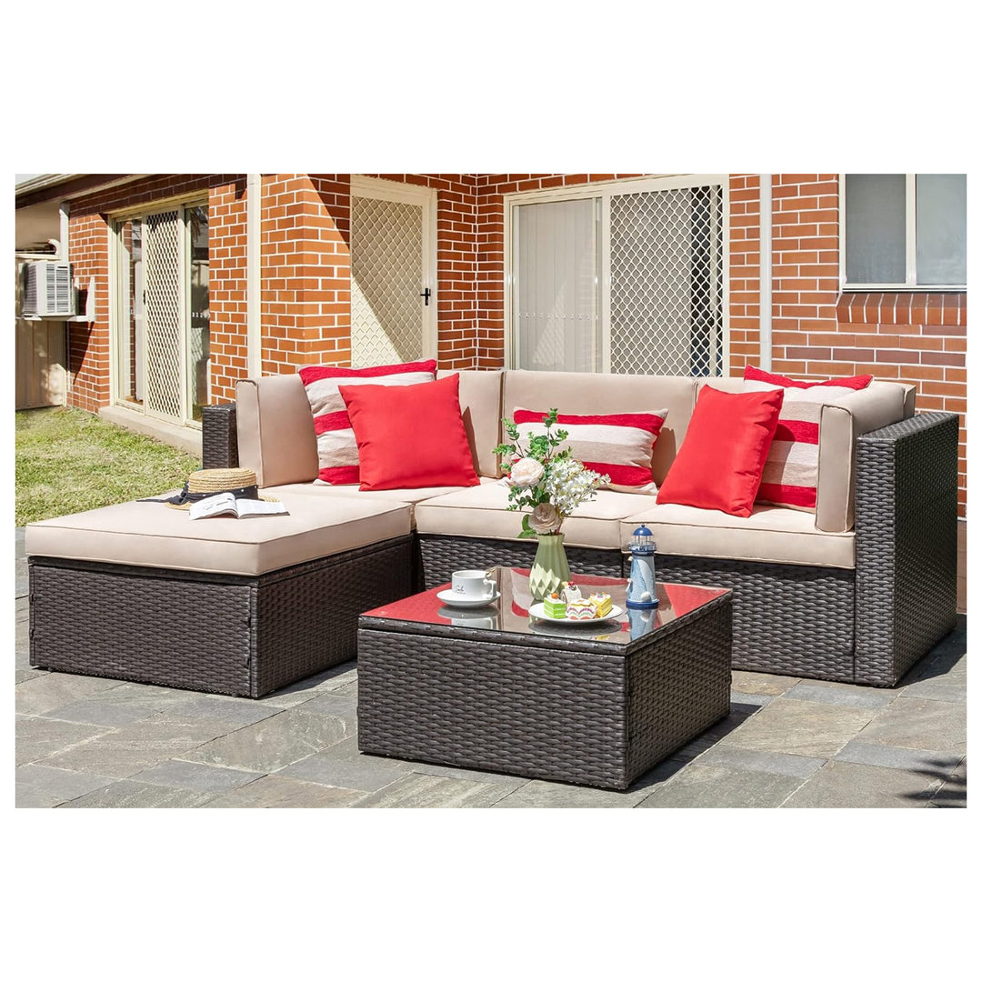 Vongrasig 5pc Patio Furniture Set, Outdoor Sofa w/Ottoman & Table, Beige(Used)