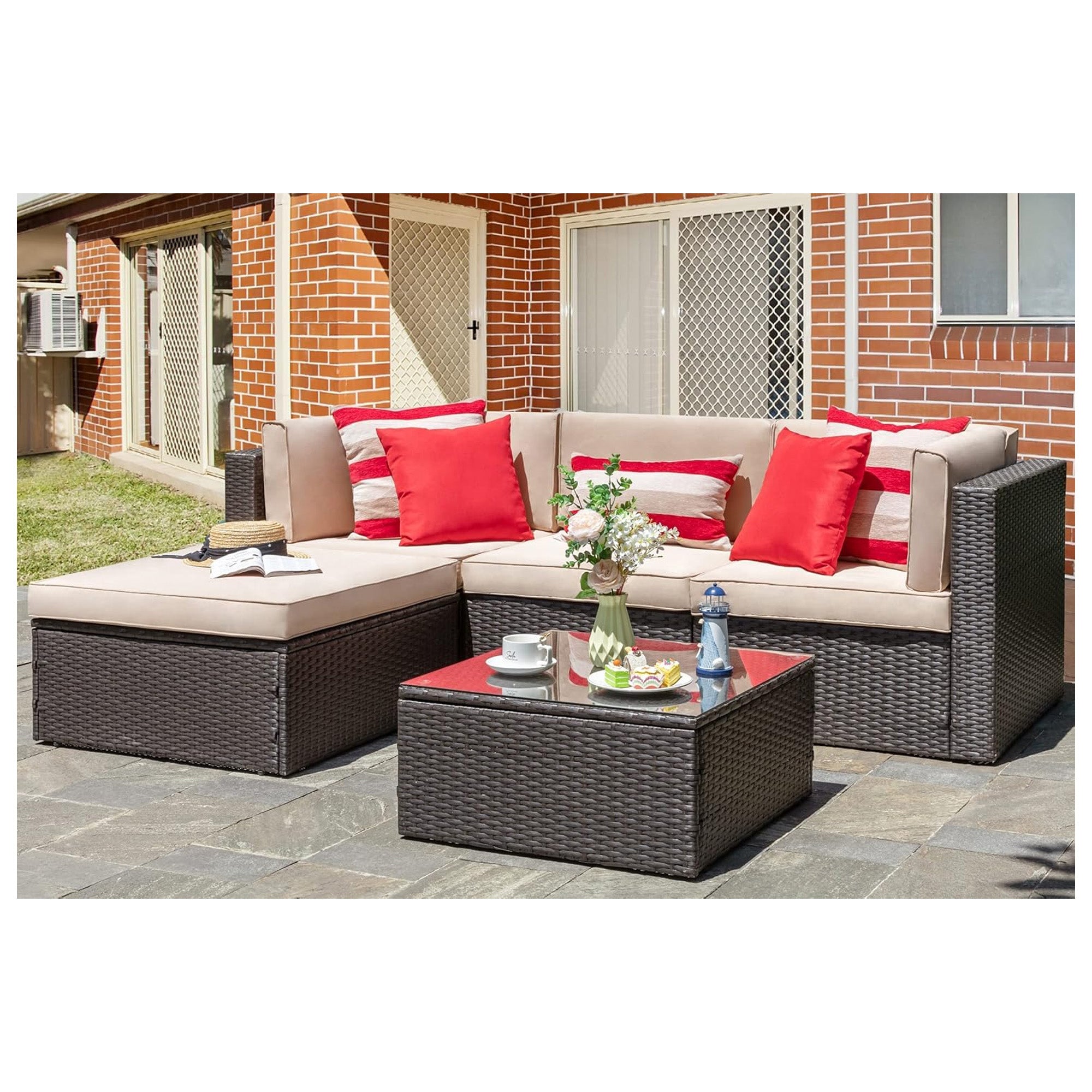 Vongrasig 5pc Patio Set, Outdoor Sofa w/Ottoman & Table, Beige(For Parts) - VMInnovations