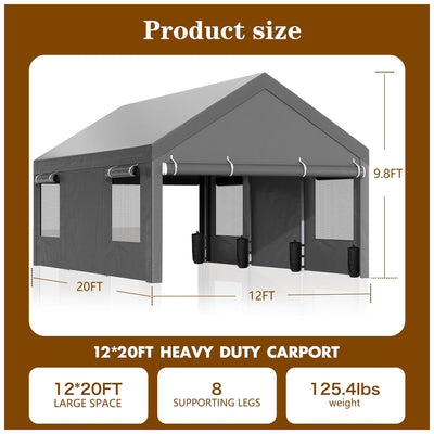 Walsunny 10x20 Ft Carport Canopy w/Sidewalls & Roll-Up Windows, Gray (For Parts) - VMInnovations