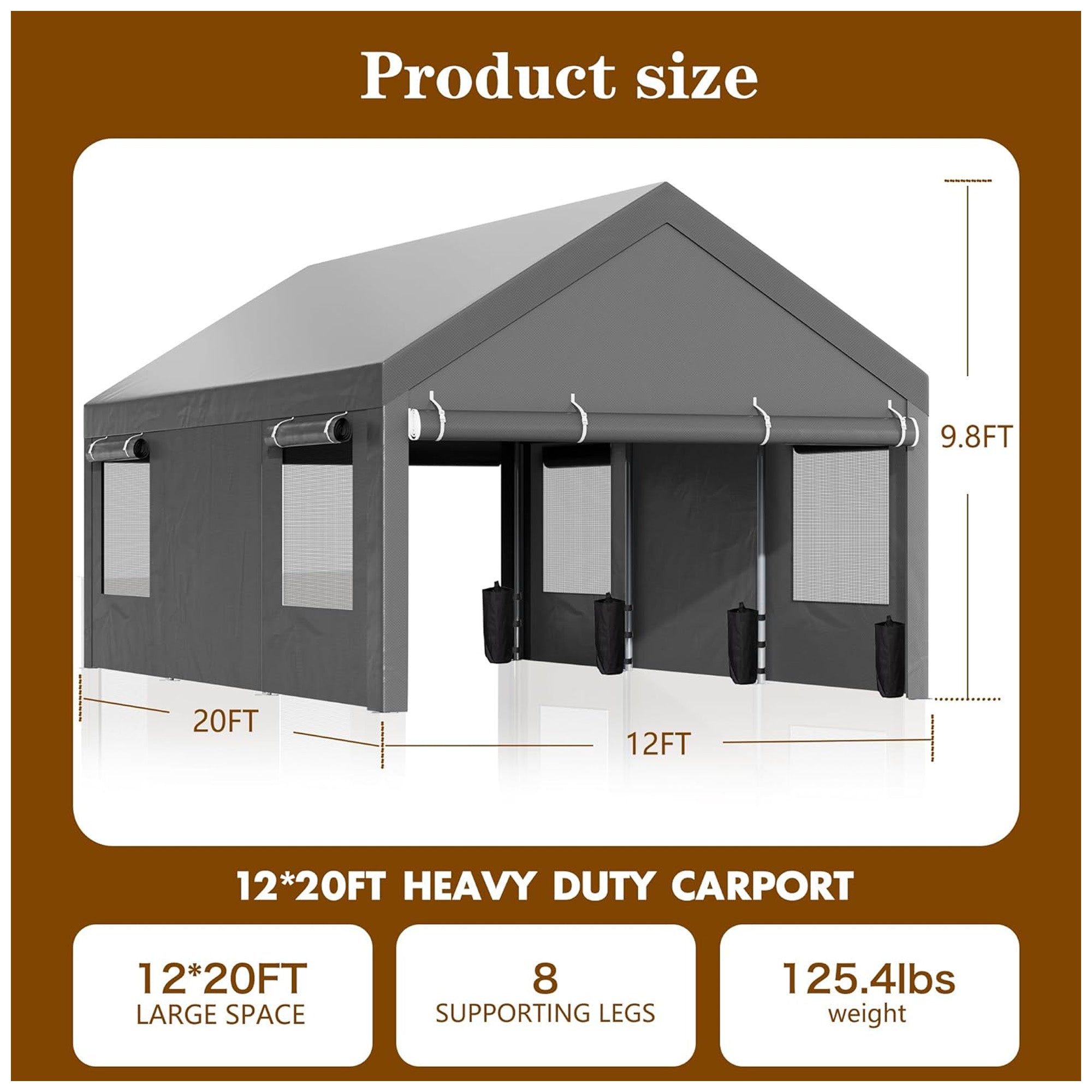 Walsunny 10x20 Ft Carport Canopy w/Sidewalls & Roll-Up Windows, Dark Gray (Used) - VMInnovations