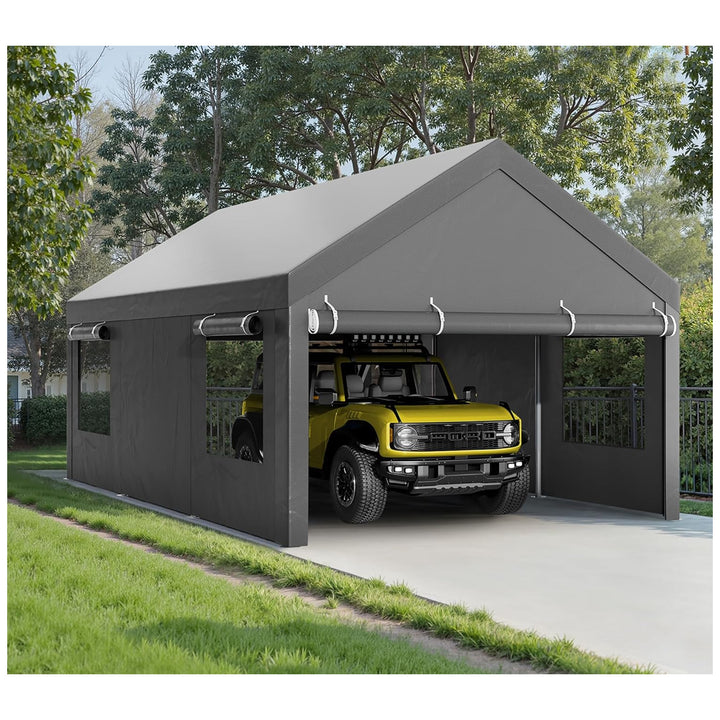 Walsunny 10x20 Ft Carport Canopy w/Sidewalls & Roll-Up Windows, Dark Gray (Used)