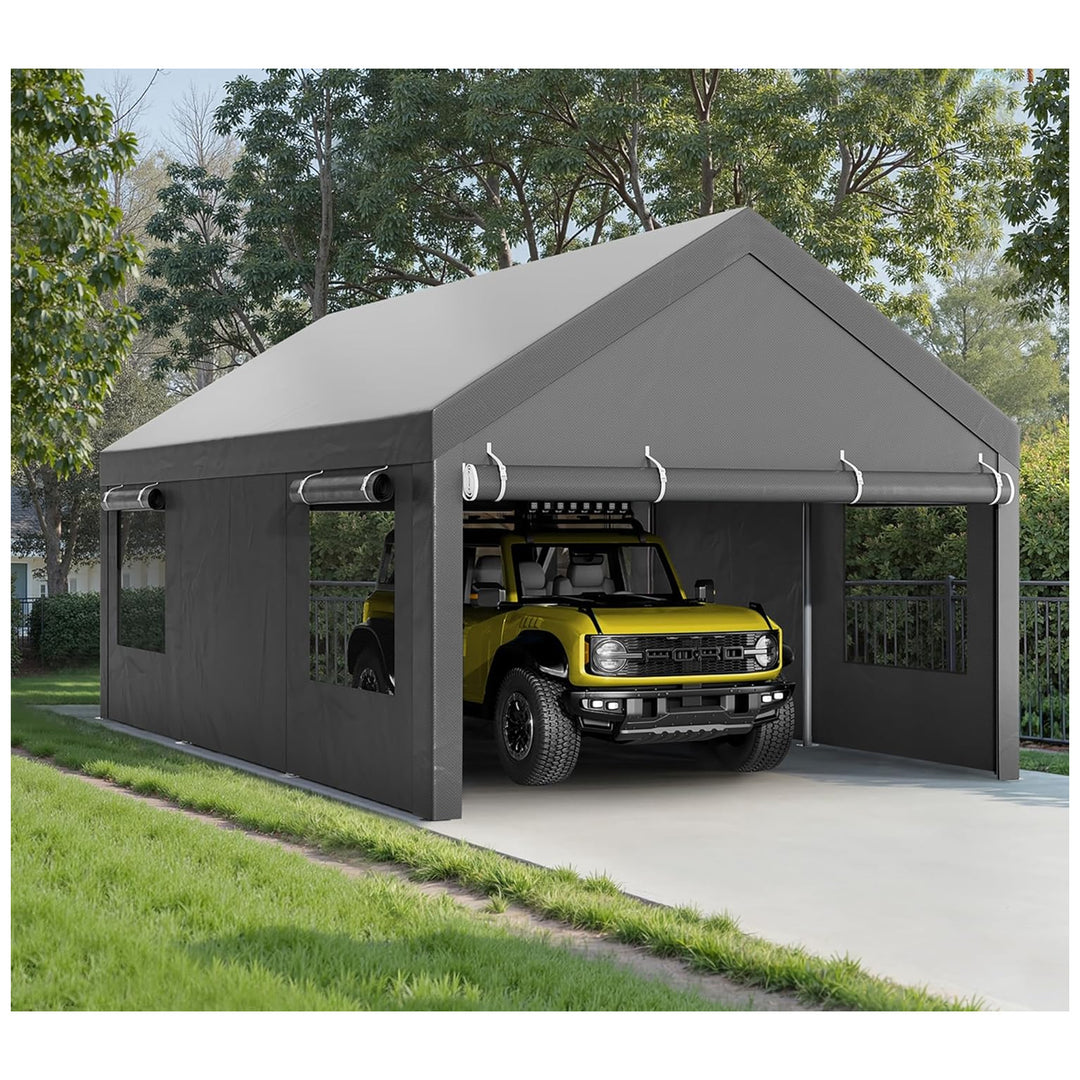 Walsunny 10x20 Ft Carport Canopy w/Sidewalls & Roll-Up Windows, Gray (For Parts)