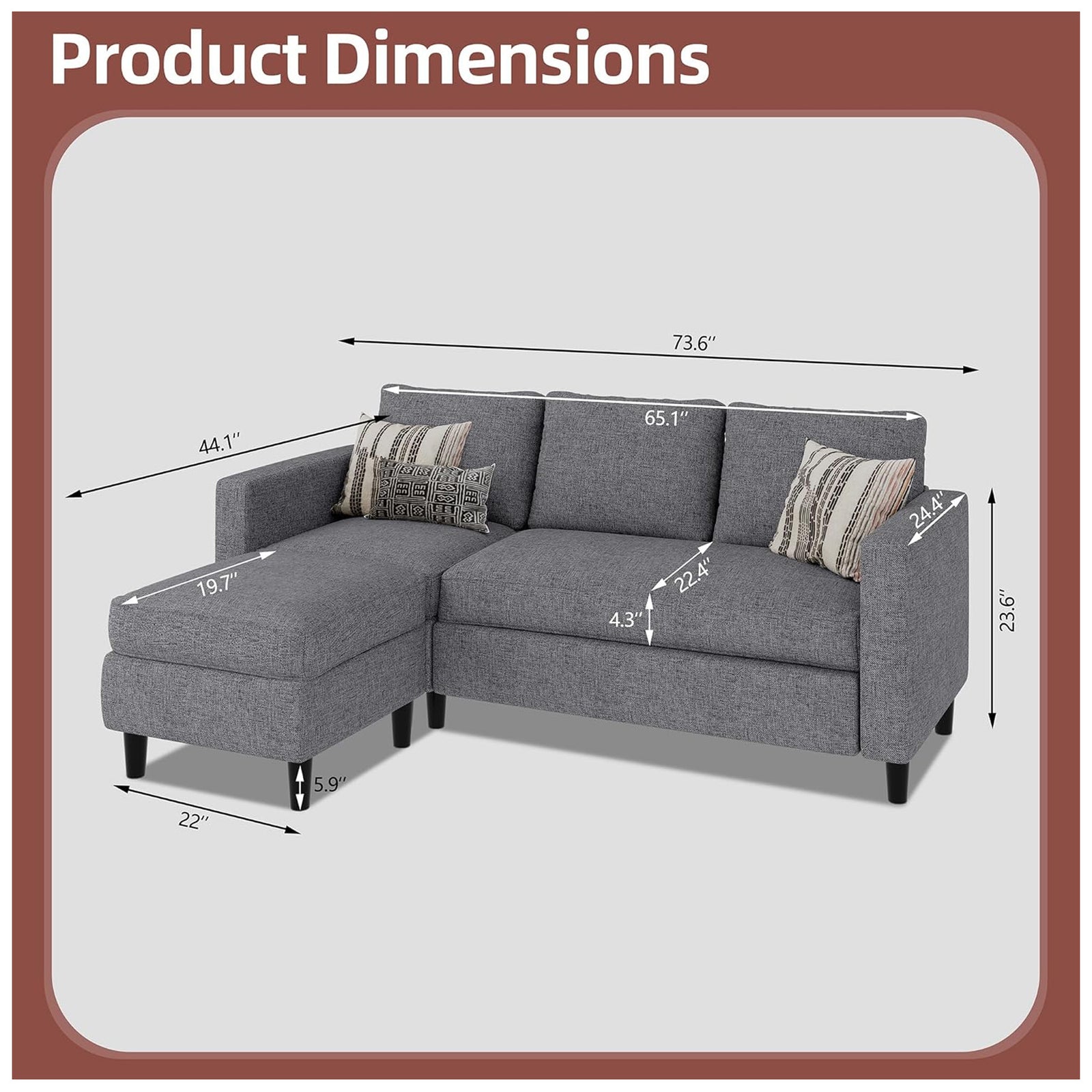 JAMFLY Convertible Sofa Couch with Ottoman, 3-Seat L-Shaped Couch (Open Box) - VMInnovations