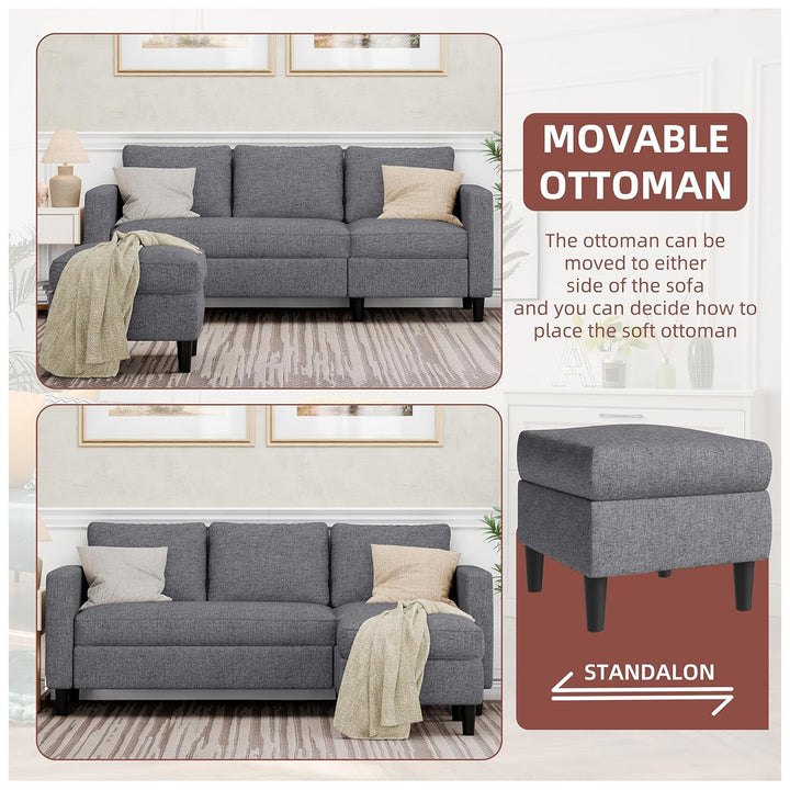 JAMFLY Convertible Sofa Couch with Ottoman, 3-Seat L-Shaped Couch (Open Box) - VMInnovations