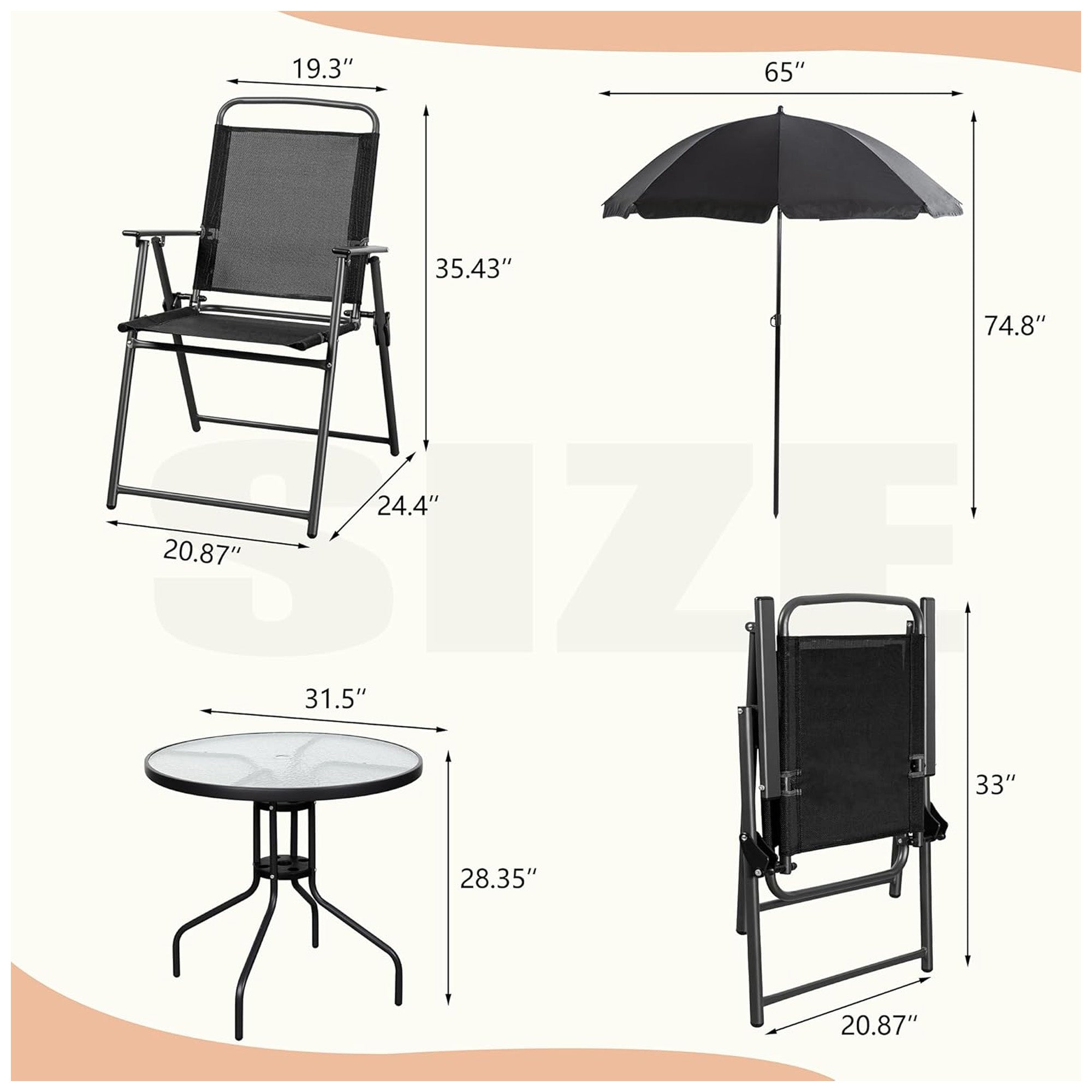 Vongrasig 6Pc Folding Patio Set, Outdoor Table, Chairs & Umbrella (Open Box) - VMInnovations